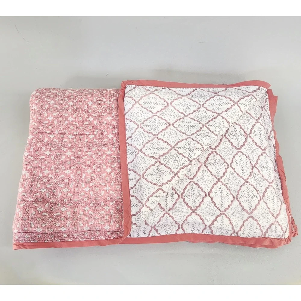 Roller Rabbit One Kings Lane Baby Quilt Pink White Block Print Cotton Boho 38×50